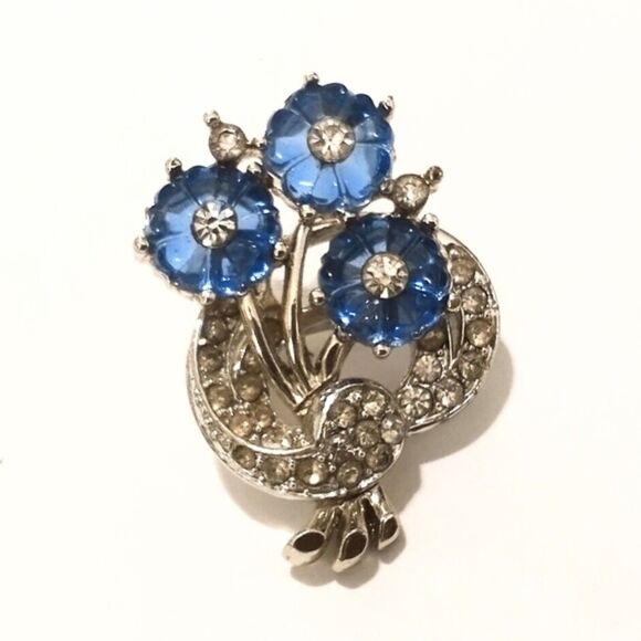 Vintage Silver Tone Blue Rhinestone Flower Bouquet Scatter Pin Brooch - Picture 4 of 6
